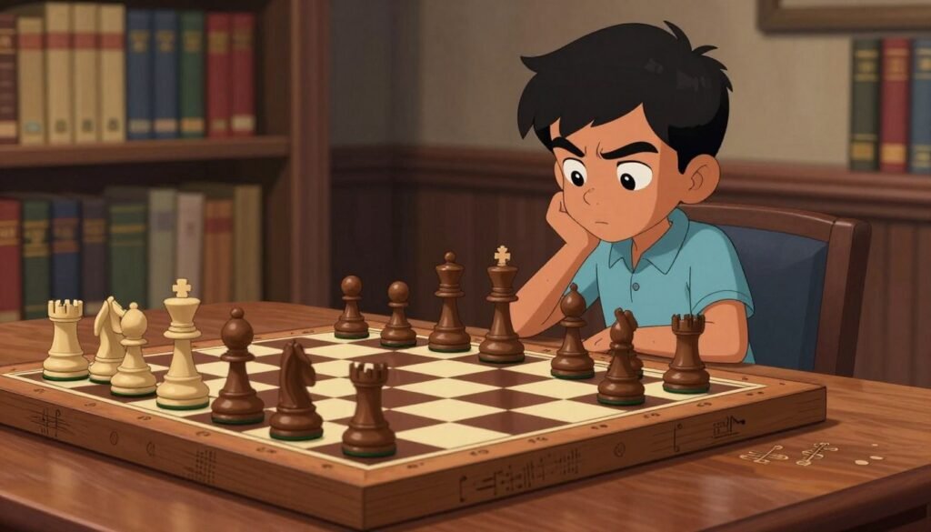A sophisticated chess scene showcasing a chessboard with intricately designed pieces in the foreground, reflecting Gukesh's strategic gameplay. The chess pieces are in mid-game, with a thoughtful arrangement that symbolizes tactical positioning. In the middle, a luxurious wooden table enhances the classic atmosphere, adorned with subtle chess notation notes. The background features a soft, blurred bookshelf filled with chess literature and biographies, representing the depth of knowledge in chess strategy. The lighting is warm and focused, creating an inviting and contemplative mood, hinting at the intensity of a chess match. The angle captures the chessboard from a slightly elevated perspective, emphasizing the pieces and their arrangement. This serene and intellectual atmosphere embodies Gukesh's winning chess style. Image crafted for Debsie.com. A sophisticated chess scene showcasing a chessboard with intricately designed pieces in the foreground, reflecting Gukesh's strategic gameplay. The chess pieces are in mid-game, with a thoughtful arrangement that symbolizes tactical positioning. In the middle, a luxurious wooden table enhances the classic atmosphere, adorned with subtle chess notation notes. The background features a soft, blurred bookshelf filled with chess literature and biographies, representing the depth of knowledge in chess strategy. The lighting is warm and focused, creating an inviting and contemplative mood, hinting at the intensity of a chess match. The angle captures the chessboard from a slightly elevated perspective, emphasizing the pieces and their arrangement. This serene and intellectual atmosphere embodies Gukesh's winning chess style. Image crafted for Debsie.com.