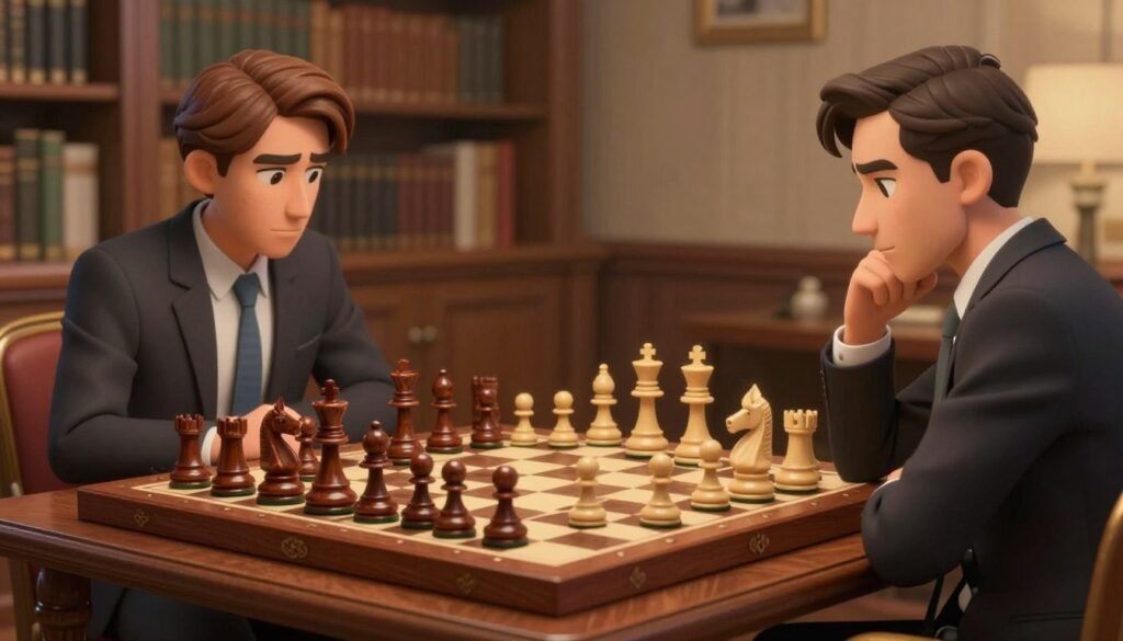 A sophisticated chess scene showcasing the Classical Variation of the Sicilian Defense, featuring an elegantly designed wooden chessboard with ornate pieces in rich mahogany and ivory. In the foreground, two players in professional business attire are deeply focused on the game, their expressions reflecting intense concentration and strategy. The middle ground highlights key pieces in play, specifically the knight and pawn formations characteristic of the Richter-Rauzer themes. The background features a softly blurred library setting with warm, ambient lighting that creates an intellectual and contemplative atmosphere. The image is shot from a slightly elevated angle, emphasizing the chessboard and the players while maintaining a serene and inviting mood. Ideal for Debsie.com, the composition is clean and minimalistic, with no text or distractions.