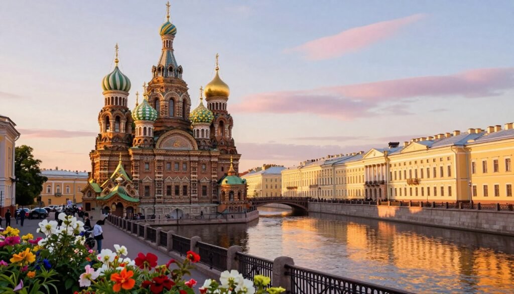 A stunning view of St. Petersburg showcasing its iconic architecture, featuring the intricate domes of the Church of the Savior on Spilled Blood in the foreground, surrounded by vibrant flowers. In the middle ground, the serene canals reflect historic buildings and bridges bathed in the warm glow of late afternoon sunlight, creating a sense of tranquility and elegance. The background offers a glimpse of the iconic Peter and Paul Fortress against a pastel-hued sky, suggesting the city's rich history. Soft shadows enhance the details of the structures, while the composition captures a sense of harmony and sophistication. The image should evoke a mood of contemplation and inspiration, reminiscent of the strategic genius of Emanuel Lasker during peak tournament performances. Perfect for editorial use on Debsie.com.