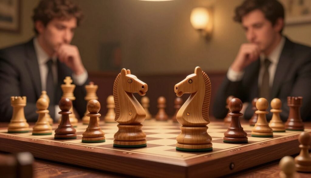 A stylized chessboard displaying elegant wooden pieces arranged in the middle; the focus is on a close-up of two knights, intricately carved, symbolizing the elite nature of chess at peak ratings of 2775-2799. In the background, softly blurred, are silhouettes of famous chess players in professional attire, engaged in thoughtful contemplation over the game, hinting at their impressive Elo scores. The setting is a dimly lit, atmospheric chess club, with warm, golden lighting that adds a sense of nostalgia and significance. The image captures a mood of intensity and strategic depth, reflecting the sophistication of high-level chess. No text or logos are present, ensuring a clean visual presentation. Created by Debsie.com.