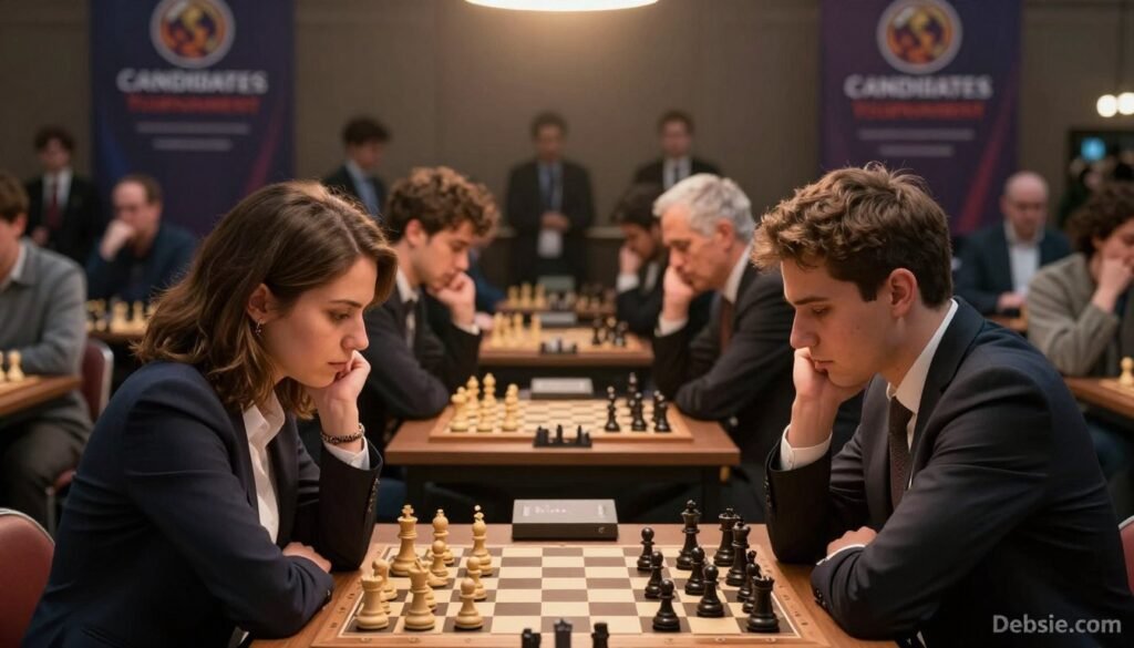 A tense and dramatic scene set in a crowded chess hall during the Candidates Tournament, showcasing intense focus on players and spectators. In the foreground, two chess players, a man and a woman, dressed in professional business attire, are deep in thought over a chessboard, their facial expressions reflecting the pressure of the competition. The middle ground features a diverse audience, some whispering strategies, others absorbed in the games, all engrossed in the atmosphere. The background shows large banners and a subtle spotlight illuminating the chessboard, creating an atmosphere of high stakes. Warm, soft lighting enhances the mood of intensity and concentration, captured with a shallow depth of field to emphasize the players. The overall composition should convey the significance of this pivotal moment in chess, highlighting the pressure and excitement of the tournament. Image branded with "Debsie.com".