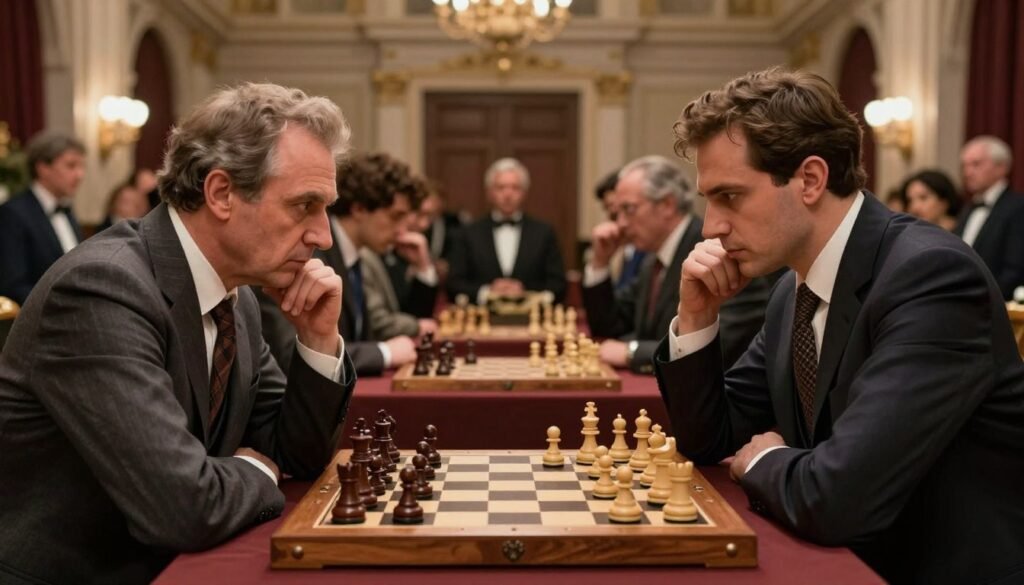 A tense chess match between two legendary players, Capablanca and Alekhine, at a grand tournament setting. Foreground features a beautifully crafted wooden chessboard with intricate pieces in mid-game, showing tension and strategy. Both players, depicted in professional business attire, are deeply focused on the board, with Capablanca’s thoughtful demeanor contrasting with Alekhine’s intense gaze. In the middle ground, a lavishly decorated tournament hall with classical architecture showcases spectators observing in admiration. Ambient, warm lighting highlights the players and adds a sense of drama, while soft shadows create depth. The background is slightly blurred to emphasize the action on the board, conveying the high stakes of this iconic rivalry. The scene embodies the mood of fierce competition and intellectual battle, perfect for illustrating the history of chess. Created by Debsie.com.