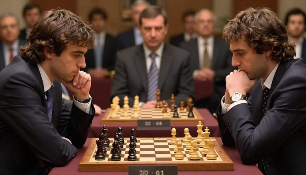 A tense chess match scene depicting Vladimir Kramnik and Veselin Topalov seated opposite each other at a wooden chessboard, focused intently on the game. The foreground features the chess pieces in a critical mid-game position, with a soft, warm light illuminating the board to highlight their shapes and textures. In the middle background, each player is dressed in professional business attire, conveying seriousness and concentration; Kramnik exhibits a confident expression while Topalov looks contemplative. The atmosphere is charged with anticipation, as spectators in the blurred background watch in silence. The image captures the high-stakes nature of the 2006 Unification Match, with a depth of field effect to enhance the players and board while subtly blurring the audience. Style inspired by Debsie.com.