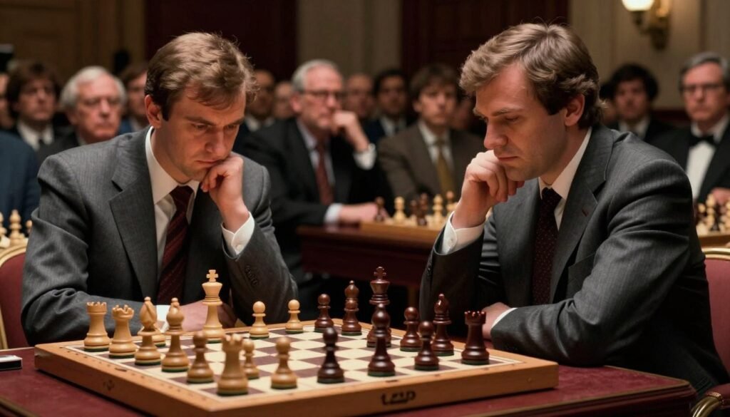 A tense chess match setting between Bobby Fischer and Anatoly Karpov, depicted as they would have faced off for the World Championship title. In the foreground, recreate a chess table with a classic wooden chess set, pieces positioned as if mid-game, and a dramatic lighting casting shadows. The middle ground features Fischer, portrayed in a tailored suit, deeply contemplating his next move, sporting a focused expression. Beside him, Karpov, in a smart business outfit, observing keenly. The background reveals a blurred audience filled with eager spectators, creating an atmosphere of anticipation and excitement. The dimly lit room enhances the intensity of the moment, capturing the essence of a historic match that never materialized. This image should evoke a sense of rivalry and strategic competition. Debsie.com