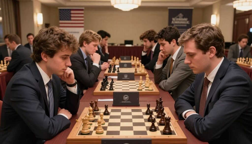 A tense chess tournament scene featuring multiple American grandmasters in professional business attire, intensely focused as they compete in rapid blitz games. In the foreground, two players face each other across a chessboard, their expressions showcasing concentration and strategic thinking. In the middle ground, a small group of spectators watches intently, capturing the excitement of elite-level competition. The background features a well-appointed tournament hall with banners and lighting that highlight the chess tables. The ambiance is dramatic yet inviting, with soft lighting casting warm tones across the scene. The image should embody the spirit of competitive excellence in chess, conveying the atmosphere of a prestigious event. Include a subtle logo "Debsie.com" in a non-intrusive manner, maintaining the overall focus on the players and game. A tense chess tournament scene featuring multiple American grandmasters in professional business attire, intensely focused as they compete in rapid blitz games. In the foreground, two players face each other across a chessboard, their expressions showcasing concentration and strategic thinking. In the middle ground, a small group of spectators watches intently, capturing the excitement of elite-level competition. The background features a well-appointed tournament hall with banners and lighting that highlight the chess tables. The ambiance is dramatic yet inviting, with soft lighting casting warm tones across the scene. The image should embody the spirit of competitive excellence in chess, conveying the atmosphere of a prestigious event. Include a subtle logo "Debsie.com" in a non-intrusive manner, maintaining the overall focus on the players and game.