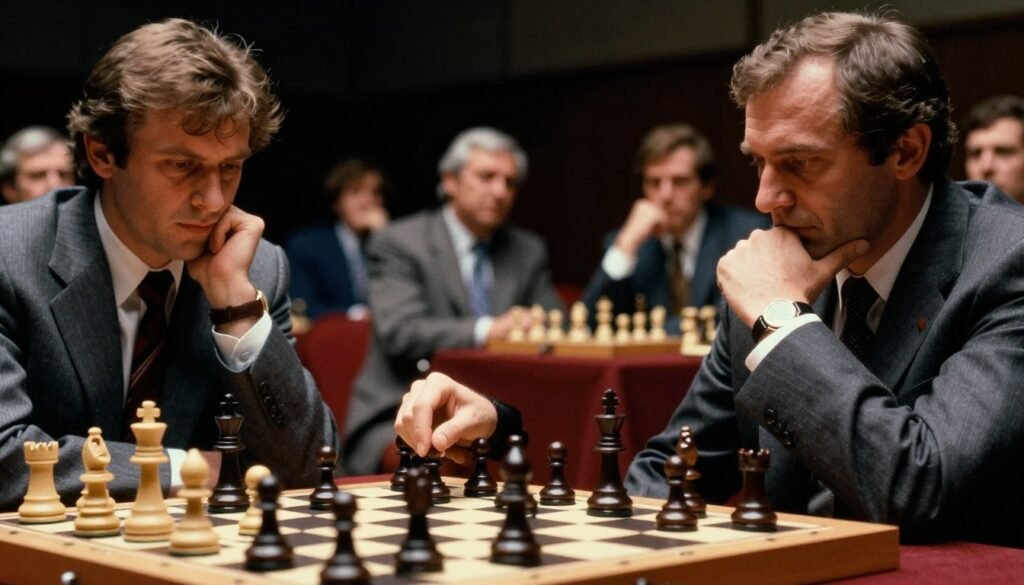 A tense moment captured from the 1980s World Chess Championship between Garry Kasparov and Anatoly Karpov, set in a dimly lit chess hall. In the foreground, a close-up of a chessboard with elegantly crafted pieces in mid-game, with one hand poised over a piece, reflecting a state of deep contemplation. The middle of the image features both players, Kasparov in a sharp suit and Karpov in a smart attire, their faces revealing concentration and rivalry. Behind them, soft-focus spectators are engaged in quiet anticipation, with subtle lighting creating a dramatic atmosphere. The overall mood is intense and reverent, encapsulating the historic significance of their matches. Shot with a slight angle to emphasize depth. Image by Debsie.com.