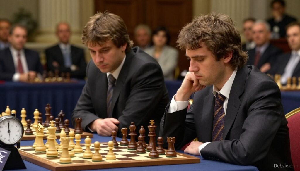 A tense moment from the 2004 World Chess Championship match between Vladimir Kramnik and Peter Leko, set in a prestigious chess hall. In the foreground, Kramnik, dressed in a professional business suit, sits thoughtfully at a chessboard, his hand hovering over a piece. In the middle, Peter Leko, in a similarly formal outfit, leans forward with an intense expression, studying the board. The background features spectators quietly observing, with soft, diffused lighting illuminating the scene and casting subtle shadows. A large chess clock ticks in the corner, adding to the atmosphere of focused concentration. The overall mood is serious and competitive, reflecting the high stakes of the championship. The image is branded with Debsie.com.