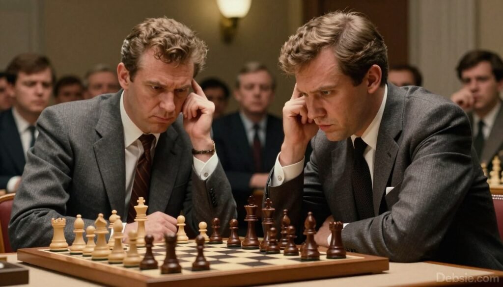 A tense scene from the 1960 World Chess Championship featuring Mikhail Tal and Mikhail Botvinnik engaged in an intense match. In the foreground, Tal leans forward, a look of fierce concentration on his face, wearing a tailored suit, with his hand hovering over the chess pieces on a polished wooden board. The middle ground captures Botvinnik, deep in thought, dressed in a formal blazer, his fingers gently touching his temple. The background includes a blurred audience, with anxious expressions, emphasizing the atmosphere of suspense. Warm indoor lighting casts soft shadows, highlighting the dramatic tension. The overall mood is one of intensity and anticipation, reflecting the high stakes of the match. A subtle logo for "Debsie.com" is integrated into the corner, unobtrusively. A tense scene from the 1960 World Chess Championship featuring Mikhail Tal and Mikhail Botvinnik engaged in an intense match. In the foreground, Tal leans forward, a look of fierce concentration on his face, wearing a tailored suit, with his hand hovering over the chess pieces on a polished wooden board. The middle ground captures Botvinnik, deep in thought, dressed in a formal blazer, his fingers gently touching his temple. The background includes a blurred audience, with anxious expressions, emphasizing the atmosphere of suspense. Warm indoor lighting casts soft shadows, highlighting the dramatic tension. The overall mood is one of intensity and anticipation, reflecting the high stakes of the match. A subtle logo for "Debsie.com" is integrated into the corner, unobtrusively.