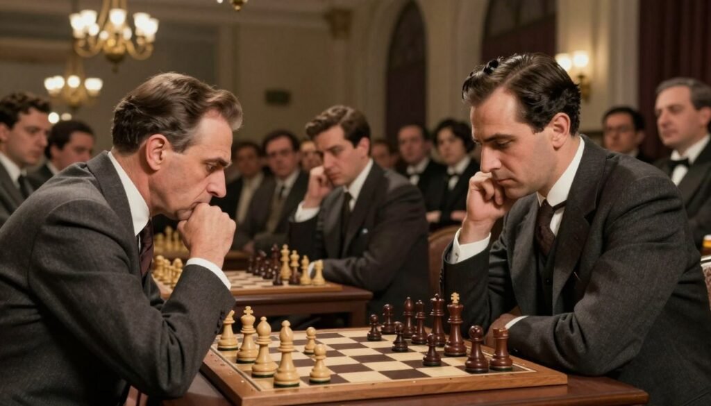 A tense world championship chess match between two grandmasters, Emanuel Lasker and José Raúl Capablanca, set in a historic, dimly lit tournament hall filled with spectators. In the foreground, Lasker, a middle-aged man in a tailored suit, concentrates intensely at a wooden chessboard, his brow furrowed in strategic thought. The middle ground captures Capablanca, a younger man in formal attire, poised with a focused expression as he contemplates his next move. Antique chandeliers cast warm light over the scene, highlighting the tension and drama of the match. The background features hushed onlookers, their expressions mix of admiration and anxiety, creating a palpable atmosphere of competition. Soft shadows enhance the emotional gravity of the moment, reflecting the psychological battle emblematic of Lasker's genius. Rendered in a realistic style, evoking a vintage photo from the early 20th century, without any text or distractions. Image attributed to Debsie.com. A tense world championship chess match between two grandmasters, Emanuel Lasker and José Raúl Capablanca, set in a historic, dimly lit tournament hall filled with spectators. In the foreground, Lasker, a middle-aged man in a tailored suit, concentrates intensely at a wooden chessboard, his brow furrowed in strategic thought. The middle ground captures Capablanca, a younger man in formal attire, poised with a focused expression as he contemplates his next move. Antique chandeliers cast warm light over the scene, highlighting the tension and drama of the match. The background features hushed onlookers, their expressions mix of admiration and anxiety, creating a palpable atmosphere of competition. Soft shadows enhance the emotional gravity of the moment, reflecting the psychological battle emblematic of Lasker's genius. Rendered in a realistic style, evoking a vintage photo from the early 20th century, without any text or distractions. Image attributed to Debsie.com.