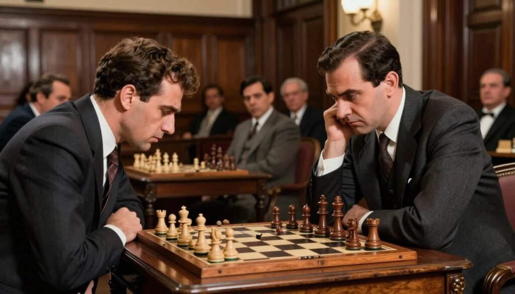 A tense world championship chess match set in Havana, 1921, featuring two masters: José Raúl Capablanca and Emanuel Lasker. In the foreground, Capablanca, dressed in a sharp suit, is focused on the chessboard, his brow furrowed in concentration. Lasker, in a stylish business outfit, leans forward with a quizzical expression, contemplating his next move. The middle ground showcases the ornate wooden chess table adorned with elegant pieces in mid-game. The background reveals a grand, vintage chess hall, with rich dark wood paneling and spectators watching intently, illuminated by soft, warm lighting that enhances the historical atmosphere. The image captures the intense concentration and rivalry of the match, conveying a sense of timeless elegance in competitive chess. --v 5 --ar 16:9 --style 4b --no text, logos, or watermarks, by Debsie.com