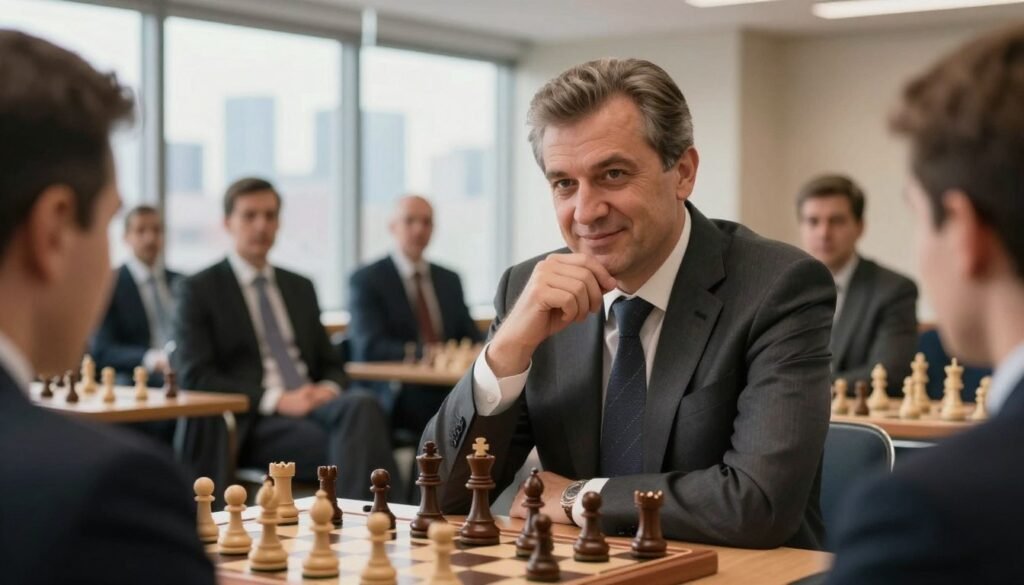 A thoughtful portrait of a chess champion, inspired by Anatoly Karpov, in a professional business setting. In the foreground, focus on a middle-aged man with short, neatly styled hair, dressed in a tailored suit, deeply engaged in discussion with an audience. In the background, a large window reveals a city skyline, symbolizing his ongoing influence in politics and public life. Soft, natural lighting filters in, casting warm tones that convey a sense of optimism and wisdom. The atmosphere is dynamic and inspiring, with a subtle sense of movement as other professionals listen attentively. This image should encapsulate the essence of strategy, leadership, and intellect while remaining friendly and approachable. Include the brand name "Debsie.com" subtly integrated into the scene.