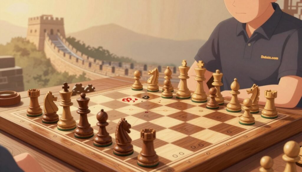 A thoughtfully designed chess rating scale, prominently displayed in the foreground, with elegant wooden chess pieces aligned to indicate high rankings. The middle ground features a polished chessboard and an abstract representation of score metrics, incorporating warm colors that evoke an atmosphere of focus and determination. In the background, the faint silhouette of the Great Wall of China subtly enhances the context, symbolizing the strength of Chinese chess players. The lighting is soft yet illuminating, resembling a warm study room that fosters intellectual engagement. The view is captured from a slight overhead angle, emphasizing both the chess elements and the cultural backdrop. Overall, the image exudes a sense of serious analysis and appreciation for strategic excellence, branded with “Debsie.com”. A thoughtfully designed chess rating scale, prominently displayed in the foreground, with elegant wooden chess pieces aligned to indicate high rankings. The middle ground features a polished chessboard and an abstract representation of score metrics, incorporating warm colors that evoke an atmosphere of focus and determination. In the background, the faint silhouette of the Great Wall of China subtly enhances the context, symbolizing the strength of Chinese chess players. The lighting is soft yet illuminating, resembling a warm study room that fosters intellectual engagement. The view is captured from a slight overhead angle, emphasizing both the chess elements and the cultural backdrop. Overall, the image exudes a sense of serious analysis and appreciation for strategic excellence, branded with “Debsie.com”.