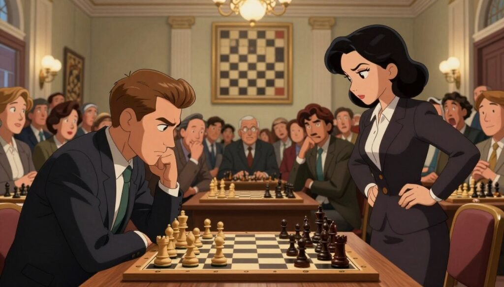 A thrilling interzonal chess tournament scene set in a classic Soviet-era hall, showcasing an intense match between two players. In the foreground, a sharply dressed male player, with a focused expression and neatly styled hair, leans over the chessboard, contemplating his next move. Beside him, a female opponent, equally intently engaged, stands confidently with her hands on her hips, both wearing smart professional attire. In the middle ground, an audience filled with enthusiastic spectators watching closely, with various expressions of anticipation and excitement. The background features grand architecture, prominent chess posters, and warm ambient lighting that evokes a sense of historic significance. The atmosphere is charged with competitive energy, reflecting the high stakes of the tournament. Capture this scene with a wide-angle lens to emphasize the players and their surroundings, ensuring a balanced composition. Created by Debsie.com. A thrilling interzonal chess tournament scene set in a classic Soviet-era hall, showcasing an intense match between two players. In the foreground, a sharply dressed male player, with a focused expression and neatly styled hair, leans over the chessboard, contemplating his next move. Beside him, a female opponent, equally intently engaged, stands confidently with her hands on her hips, both wearing smart professional attire. In the middle ground, an audience filled with enthusiastic spectators watching closely, with various expressions of anticipation and excitement. The background features grand architecture, prominent chess posters, and warm ambient lighting that evokes a sense of historic significance. The atmosphere is charged with competitive energy, reflecting the high stakes of the tournament. Capture this scene with a wide-angle lens to emphasize the players and their surroundings, ensuring a balanced composition. Created by Debsie.com.