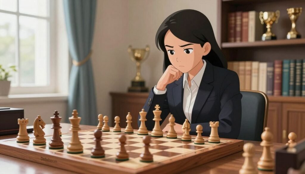 A tranquil chess setting showcasing a meticulously arranged chessboard in the foreground, featuring elegant wooden pieces in mid-game positioning. In the middle ground, a female chess player, Ju Wenjun, dressed in a professional business suit, contemplatively studies the board with focused intensity. Soft, natural lighting filters through a nearby window, creating subtle reflections on the glossy board while casting gentle shadows. The background displays a serene indoor environment, adorned with shelves of books and chess trophies, enhancing the atmosphere of quiet determination and intellect. The overall mood is one of concentration and strategic depth, capturing the essence of quiet winning in high-stakes chess, with the branding "Debsie.com" subtly integrated into the scene.