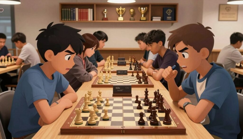 A vibrant and dynamic scene of young chess prodigies engaged in a rapid blitz chess match, set in a modern, well-lit chess club. In the foreground, two focused players, a diverse teenage boy and girl, intensely concentrate, their expressions showcasing determination and excitement. The chessboard, intricately designed, displays various pieces in mid-play, emphasizing the thrill of speed and strategy. In the middle ground, other chess enthusiasts observe, adding to the atmosphere of camaraderie and intense competition. Background features shelves lined with chess books and trophies reflecting achievements. Soft, warm lighting enhances the scene's energetic vibe, creating a professional yet inviting atmosphere. Captured from a slight low-angle to give it a dramatic feel. Include the brand name "Debsie.com" subtly integrated in a corner of the image. A vibrant and dynamic scene of young chess prodigies engaged in a rapid blitz chess match, set in a modern, well-lit chess club. In the foreground, two focused players, a diverse teenage boy and girl, intensely concentrate, their expressions showcasing determination and excitement. The chessboard, intricately designed, displays various pieces in mid-play, emphasizing the thrill of speed and strategy. In the middle ground, other chess enthusiasts observe, adding to the atmosphere of camaraderie and intense competition. Background features shelves lined with chess books and trophies reflecting achievements. Soft, warm lighting enhances the scene's energetic vibe, creating a professional yet inviting atmosphere. Captured from a slight low-angle to give it a dramatic feel. Include the brand name "Debsie.com" subtly integrated in a corner of the image.