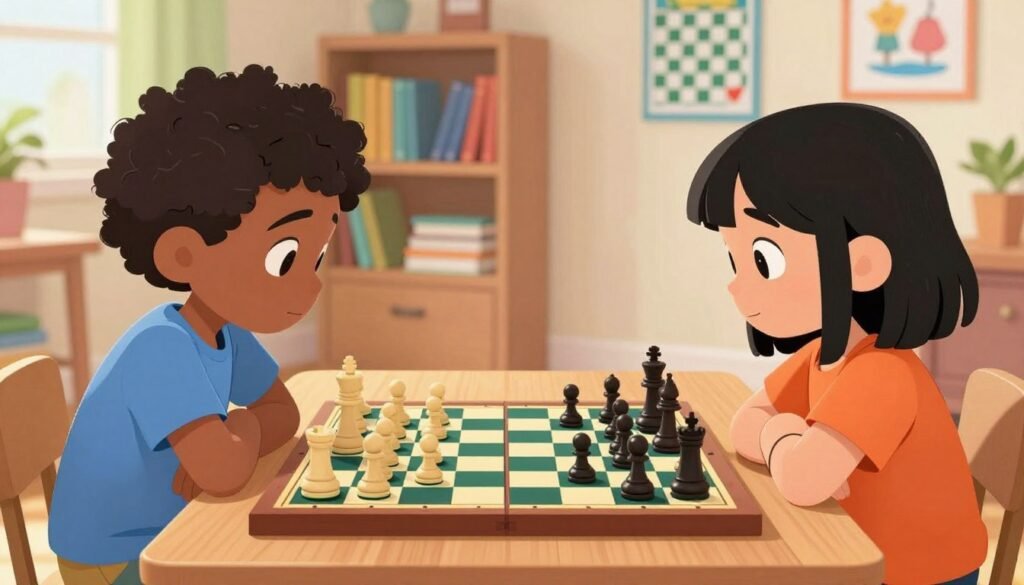 A vibrant and engaging chess scene featuring two young, diverse children intensely focused on a chessboard, embodying the spirit of tactical attackers. In the foreground, the children, one with short curly hair and the other with straight black hair, are immersed in a strategic chess match, both wearing bright and cheerful casual clothing. The middle ground showcases a colorful chessboard with clearly defined pieces arranged in an aggressive formation, signifying tactical gameplay. The background includes a cozy, well-lit room with a bookshelf filled with chess books and educational posters on the walls, creating a friendly and stimulating atmosphere. Soft, warm lighting enhances the cheerful mood, emphasizing a sense of discovery and learning. The scene is composed with a slightly high-angle view to capture the intensity of the game, reflecting the essence of strategic thinking. Debsie.com