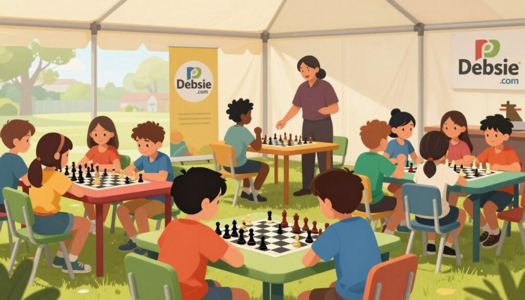 A vibrant and inviting scene showcasing a busy chess camp focused on children learning and playing. In the foreground, a diverse group of children, aged 7 to 12, are engaged in games of chess, sitting at colorful tables under a large tent. They wear casual, comfortable clothing. The middle ground features attentive instructors demonstrating chess strategies, with a chessboard clearly visible. In the background, banners displaying the "Debsie.com" logo add a professional touch to the atmosphere. The setting is bright, with soft natural lighting filtering through the tent, creating a warm and encouraging mood. The composition conveys a sense of community, learning, and fun, without any distractions or clutter.