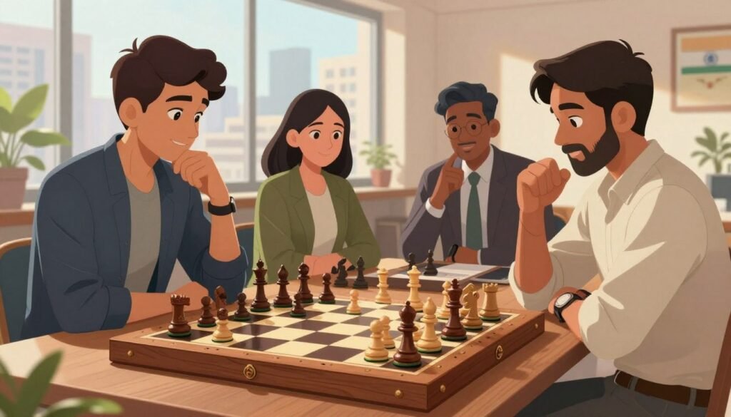 A vibrant chess ecosystem showcasing a blend of traditional and contemporary elements. In the foreground, a beautifully crafted wooden chessboard with intricately designed pieces in mid-game, reflecting the intensity of strategic thinking. The middle ground features a diverse group of three chess players, two of whom are male and one female, engaged in a focused discussion. They are dressed in smart casual business attire, embodying professionalism. The background includes a large window revealing an urban skyline, symbolizing India's growing chess prominence. Soft, natural light pours in, creating a warm and inviting atmosphere. The entire scene conveys a sense of dedication and passion for chess, highlighting India's status as a global chess powerhouse. The image should not contain any text overlays or branding. Debsie.com. A vibrant chess ecosystem showcasing a blend of traditional and contemporary elements. In the foreground, a beautifully crafted wooden chessboard with intricately designed pieces in mid-game, reflecting the intensity of strategic thinking. The middle ground features a diverse group of three chess players, two of whom are male and one female, engaged in a focused discussion. They are dressed in smart casual business attire, embodying professionalism. The background includes a large window revealing an urban skyline, symbolizing India's growing chess prominence. Soft, natural light pours in, creating a warm and inviting atmosphere. The entire scene conveys a sense of dedication and passion for chess, highlighting India's status as a global chess powerhouse. The image should not contain any text overlays or branding. Debsie.com.