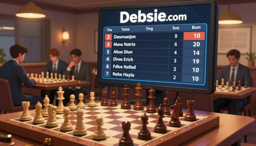 A vibrant chess leaderboard display showcasing the "Debsie.com" logo prominently at the top. In the foreground, an elegantly detailed wooden chessboard with pieces arranged in a strategic mid-game position. In the middle, a sleek digital scoreboard featuring player names and rankings, designed with a modern aesthetic. The background includes a softly lit chess club atmosphere, with a few focused players in business attire thoughtfully analyzing their moves. Warm, inviting lighting enhances the scene, creating a sense of calm concentration. The angle captures the leaderboard from slightly above, emphasizing the importance of tracking improvement like a tournament player. The overall mood is serious yet friendly, reflecting the dedication and passion of classical chess players. A vibrant chess leaderboard display showcasing the "Debsie.com" logo prominently at the top. In the foreground, an elegantly detailed wooden chessboard with pieces arranged in a strategic mid-game position. In the middle, a sleek digital scoreboard featuring player names and rankings, designed with a modern aesthetic. The background includes a softly lit chess club atmosphere, with a few focused players in business attire thoughtfully analyzing their moves. Warm, inviting lighting enhances the scene, creating a sense of calm concentration. The angle captures the leaderboard from slightly above, emphasizing the importance of tracking improvement like a tournament player. The overall mood is serious yet friendly, reflecting the dedication and passion of classical chess players.