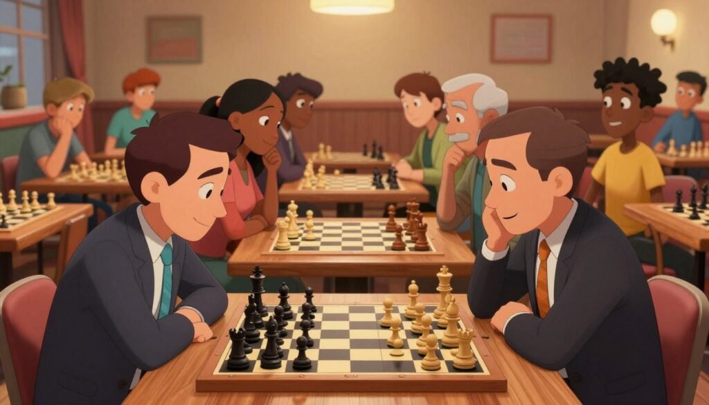 A vibrant chess scene depicting a diverse group of players engaged in an intense game of attacking chess. In the foreground, a focused middle-aged man in professional attire leans over a chessboard, studying the pieces intently. The middle layer features a diverse mix of players, including a young woman and an older gentleman, all showcasing various expressions of concentration and enthusiasm. In the background, a softly lit chess club, with warm wood finishes and colorful chess sets, creates a welcoming atmosphere. The lighting is warm and inviting, highlighting the chess pieces scattered across the board with a soft focus effect. This image captures the fun and strategic nature of copying attacking styles in chess, embodying advice on enhancing one's own gameplay. Debsie.com.