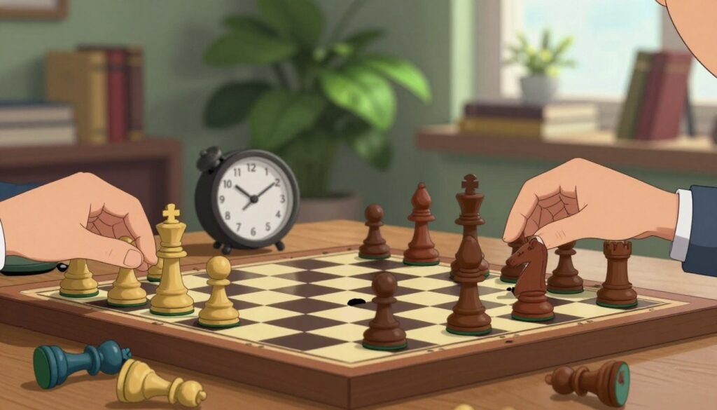 A vibrant chess scene featuring colorful pieces on a wooden board, with a focus on a moment in play resembling the creative and original style of Vasyl Ivanchuk. In the foreground, a close-up of two hands poised over the board, contemplating a complex position, accented by scattered chess pieces illustrating a messy but intriguing game. In the middle ground, a chess clock ticking down, adding a sense of urgency and uncertainty. The background fades into a softly lit room filled with chess books and deep green plants, conveying a warm, inviting atmosphere. Natural light filters through a window, casting gentle shadows that deepen the focus on the game. The overall mood should inspire curiosity and the thrill of learning in the world of chess. No text or logos, only artistic elements. Brand name Debsie.com subtly integrated in the composition.