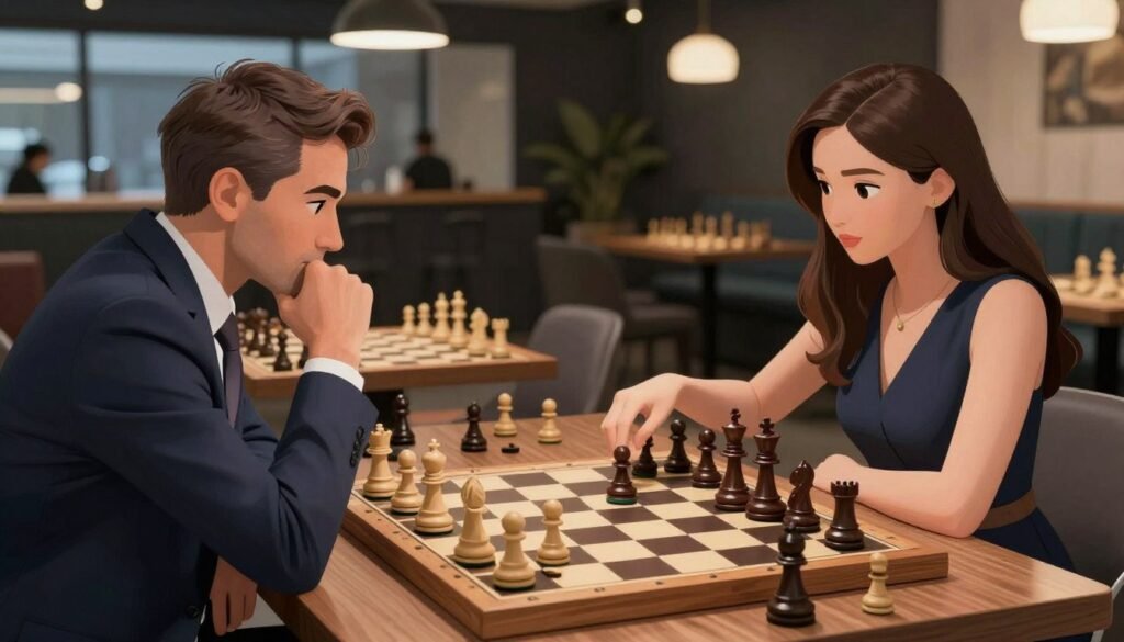 A vibrant chess scene focusing on two players engaged in a match utilizing the French Defense opening. In the foreground, one player, a middle-aged man in a tailored business suit, thoughtfully analyzing the chessboard, while the other, a young woman in a smart dress, confidently executing her move. The chessboard, prominently displaying the characteristic pawn structure of the French Defense, captivates with its strategic arrangement. In the middle ground, scattered chess pieces hint at the unfolding complexity of their game. The background showcases a stylish, modern chess club with soft ambient lighting enhancing the atmosphere of concentration and intellect. Capture the serious yet friendly mood of a passionate chess match. This visual illustration is for Debsie.com. A vibrant chess scene focusing on two players engaged in a match utilizing the French Defense opening. In the foreground, one player, a middle-aged man in a tailored business suit, thoughtfully analyzing the chessboard, while the other, a young woman in a smart dress, confidently executing her move. The chessboard, prominently displaying the characteristic pawn structure of the French Defense, captivates with its strategic arrangement. In the middle ground, scattered chess pieces hint at the unfolding complexity of their game. The background showcases a stylish, modern chess club with soft ambient lighting enhancing the atmosphere of concentration and intellect. Capture the serious yet friendly mood of a passionate chess match. This visual illustration is for Debsie.com.