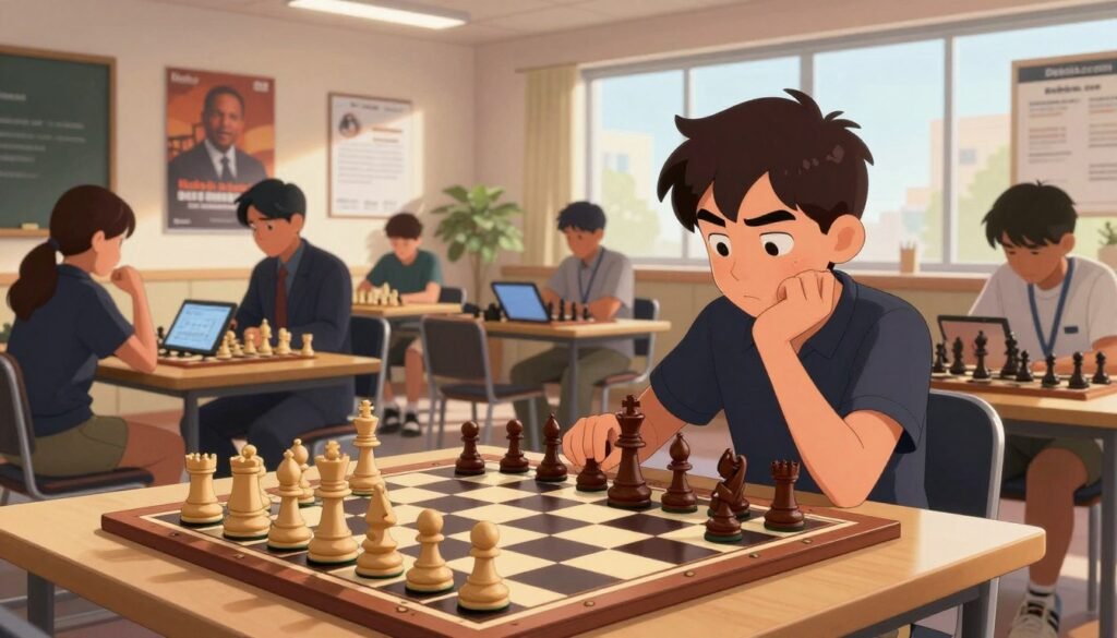 A vibrant chess scene set in a well-lit, modern training space. In the foreground, an elegantly designed chessboard with intricately crafted pieces highlighting the beauty of the game. A young player, dressed in a professional yet casual outfit, is deep in thought, analyzing possible moves. In the middle ground, coaches and students engage in discussions, some reviewing game strategies on tablets. The background features motivational posters and a large window that lets in warm, natural light, creating an inviting atmosphere. The brand name "Debsie.com" is subtly integrated into the decor, emphasizing the focus on training and coaching for young chess enthusiasts. The mood is intense yet inspirational, capturing the essence of growth and ambition in the world of chess.