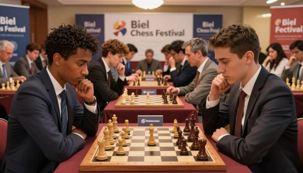 A vibrant chess tournament scene capturing the intensity of competition. In the foreground, two focused players of diverse ethnic backgrounds, dressed in professional business attire, are deep in thought over a chessboard, analyzing intricate positions. The middle ground features additional players engrossed in their games, with a variety of chess sets illuminating the strategic battles, while spectators watch attentively, showcasing a mix of excitement and concentration. The background is filled with banners displaying "Biel Chess Festival," subtle yet prominent. The atmosphere is electric, with warm overhead lighting providing a welcoming ambiance. The image should be shot from a low angle to emphasize the players' concentration, with a slightly blurred effect on the background to maintain focus on the intense gameplay. Capture the essence of breaking barriers in chess with this dynamic setting. Debsie.com