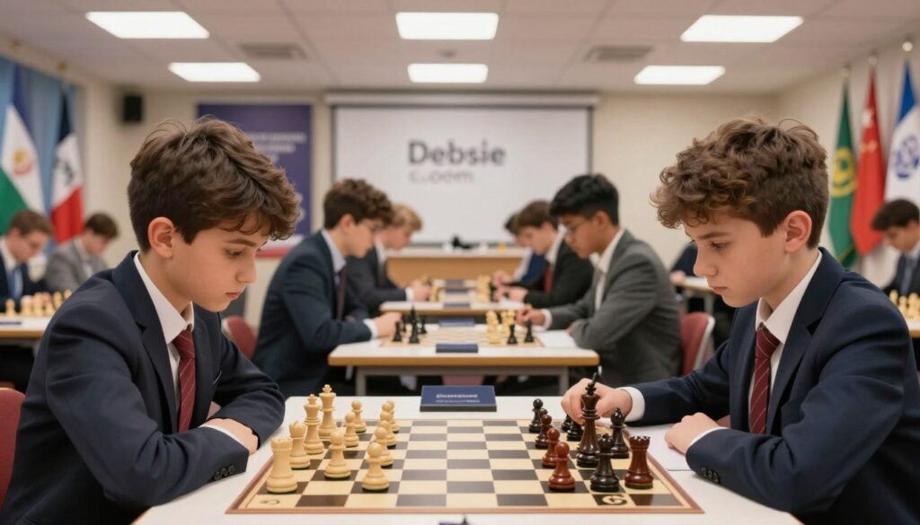 A vibrant chess tournament scene during a key junior chess competition. In the foreground, two young chess players, dressed in elegant business attire, concentrate intensely on their game at a well-organized chess table. The middle ground features several spectators, some taking notes, others discussing strategies, showcasing the competitive atmosphere. Bright overhead lights illuminate the room, creating an engaging and focused ambiance. In the background, banners and flags of international chess federations add context, enhancing the sense of a prestigious event. The overall mood is one of anticipation and excitement, highlighting the passion and dedication of the next generation of chess superstars. Rendered in high resolution, with a slight depth of field to emphasize the players. Branding subtly incorporated: "Debsie.com." A vibrant chess tournament scene during a key junior chess competition. In the foreground, two young chess players, dressed in elegant business attire, concentrate intensely on their game at a well-organized chess table. The middle ground features several spectators, some taking notes, others discussing strategies, showcasing the competitive atmosphere. Bright overhead lights illuminate the room, creating an engaging and focused ambiance. In the background, banners and flags of international chess federations add context, enhancing the sense of a prestigious event. The overall mood is one of anticipation and excitement, highlighting the passion and dedication of the next generation of chess superstars. Rendered in high resolution, with a slight depth of field to emphasize the players. Branding subtly incorporated: "Debsie.com."