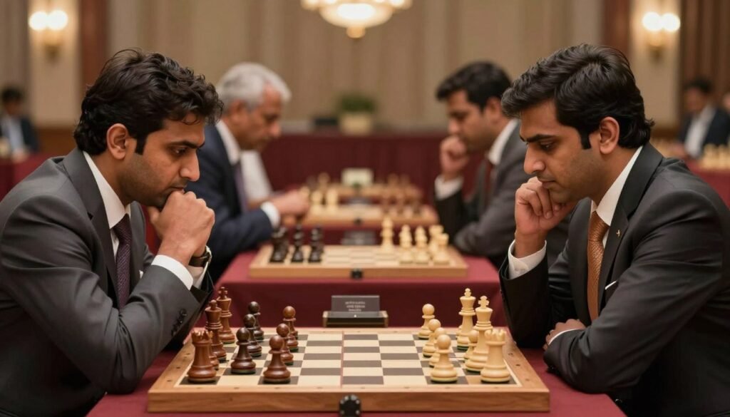 A vibrant chessboard in the foreground, featuring an intense game between two elegantly dressed players engaged in deep concentration, their expressions reflecting strategic thought. The middle ground shows chess pieces artfully arranged, with a focus on iconic pieces like the king and queen, symbolizing Viswanathan Anand's mastery. In the background, a blurred yet classy setting of a chess tournament venue, with warm lighting highlighting the ambiance, adds to the atmosphere of high-stakes gameplay. Capture the mood of intellectual challenge and tactical brilliance, with soft focus on the players to create a sense of depth and professionalism. The overall composition should convey a sense of respect for the game and its legendary players, reflecting on their masterpieces. Debsie.com.