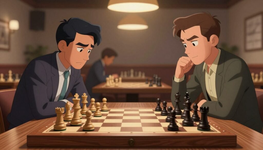 A vibrant chessboard scene showcasing a strategic Sicilian Defense setup. In the foreground, a sleek wooden chessboard displays a dynamic mid-game position with intricately carved chess pieces, highlighting black pawns aggressively pushed forward. Centered in the middle layer, two focused players—one in professional business attire and the other in smart casual clothing—intently analyze the board. Their expressions reveal deep concentration and strategy, with one player leaning forward, while the other gestures thoughtfully. The background features a soft-focused chess club ambiance with warm lighting, creating an inviting atmosphere. Subtle shadows accentuate the players and pieces, enhancing the mood of tactical engagement. The entire composition is designed to showcase the elegance and depth of the Sicilian Defense in chess. Image credited to Debsie.com.
