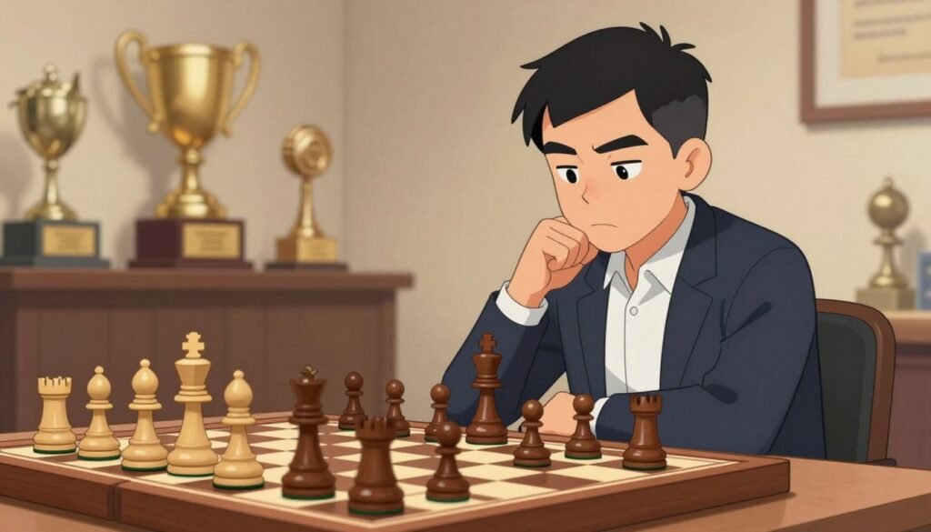 A vibrant chessboard set in a professional environment, symbolizing Wesley So’s journey through career milestones in chess. In the foreground, a beautifully crafted wooden chess set, with pieces mid-game, highlighting a strategic endgame position. In the middle, a confident figure of a chess player, dressed in smart casual attire, studying the board intently with a thoughtful expression. The background features abstract representations of chess trophies and awards, subtly blurred to emphasize the player. Warm, diffused lighting casts a soft glow, creating an inviting and contemplative atmosphere. The composition is shot at a slight angle to capture depth, reflecting the calm and focused essence of Wesley So's technique. Artwork by Debsie.com.