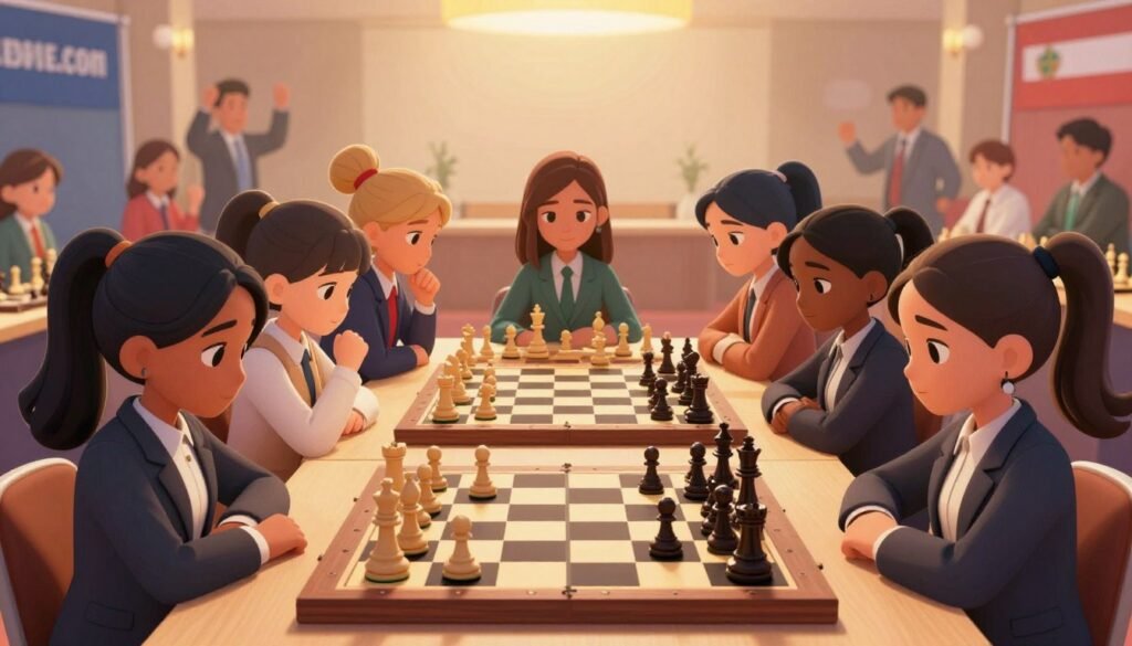 A vibrant, dynamic illustration showcasing a chessboard set against a soft, blurred backdrop of a chess tournament environment. In the foreground, seven diverse junior girls, aged 8 to 16, are engaged in intense chess matches, dressed in professional business attire. Each girl displays focused expressions, illustrating their passion for the game. The lighting is warm and inviting, focusing on their faces and the chess pieces, creating a sense of camaraderie and competition. In the middle ground, a few spectators are seen, cheering them on, adding energy to the scene. The background subtly features banners and flags representing their nations, tying into the theme of global competition. Include the brand name "Debsie.com" subtly integrated into the design, enhancing the overall professional atmosphere without overpowering the chess action. A vibrant, dynamic illustration showcasing a chessboard set against a soft, blurred backdrop of a chess tournament environment. In the foreground, seven diverse junior girls, aged 8 to 16, are engaged in intense chess matches, dressed in professional business attire. Each girl displays focused expressions, illustrating their passion for the game. The lighting is warm and inviting, focusing on their faces and the chess pieces, creating a sense of camaraderie and competition. In the middle ground, a few spectators are seen, cheering them on, adding energy to the scene. The background subtly features banners and flags representing their nations, tying into the theme of global competition. Include the brand name "Debsie.com" subtly integrated into the design, enhancing the overall professional atmosphere without overpowering the chess action.
