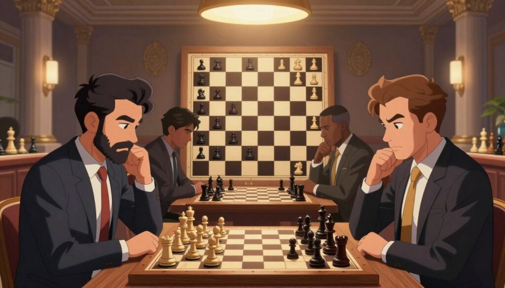 A vibrant illustration of legendary chess players specializing in the Sicilian Defense, captured in a strategic setting. In the foreground, two poised chess players in professional business attire engage in an intense match, meticulously analyzing the board filled with intricate pieces in classic wooden design. The middle section features a chess board with a variety of Sicilian variations displayed, such as the Najdorf and Dragon setups. In the background, a softly lit chess hall with elegant decor creates a focused and serious atmosphere. Warm overhead lighting enhances the sense of anticipation and intellectual challenge. The scene embodies thoughtful analysis and legendary prowess in the game of chess, celebrating the expertise in the Sicilian Defense. Capture this essence for Debsie.com.