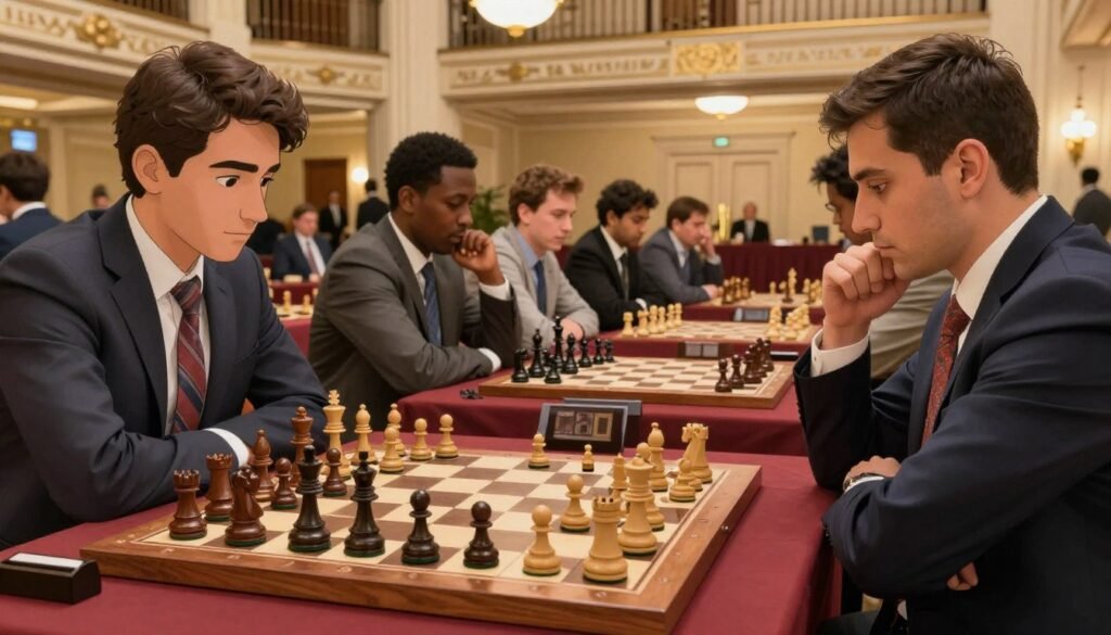 A vibrant image capturing the essence of the Sinquefield Cup chess tournament. In the foreground, a beautifully crafted wooden chessboard set up for a match, pieces intricately designed, reflecting the prestige of the event. In the middle ground, a diverse group of elite chess players in professional attire, intensely focused on the game, showcasing a blend of cultural backgrounds and personalities. The background reveals the grandeur of the St. Louis Chess Club interior, adorned with elegant lighting and chess-themed decor. Soft, warm lighting enhances the atmosphere, evoking a sense of calm yet competitive energy. The angle is slightly elevated, providing a dynamic perspective on the players and the chessboard. The image embodies the significance of elite chess events in history, reflecting camaraderie and skill. Created by Debsie.com.