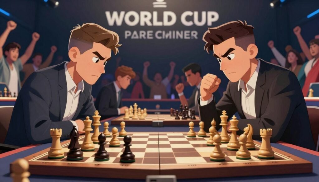 A vibrant scene capturing the essence of a World Cup chess tournament, showcasing a beautifully arranged chessboard as the focal point in the foreground, pieces strategically positioned reflecting the intensity of the game. In the middle ground, two intense players, dressed in smart casual attire, are deeply focused on the matchup, their expressions conveying concentration and determination. The background features a cheering crowd in a softly blurred arena, illuminated by dramatic lighting to create an atmosphere of high stakes and excitement. The composition is shot from a low angle to emphasize the players and the chessboard, evoking a sense of urgency and competitive spirit. The image should encapsulate the thrill and pressure of high-level chess competitions, embodying the spirit of champions on the road to a title match. Designed for use in Debsie.com articles.