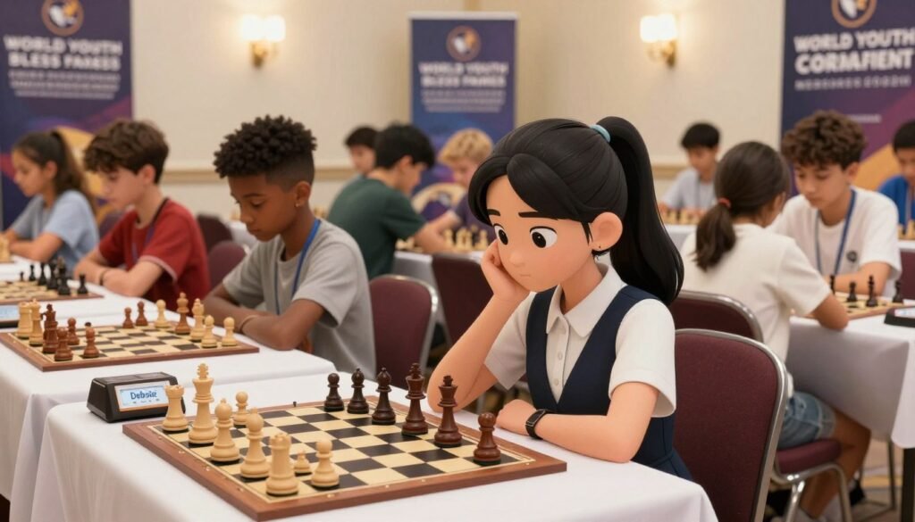 A vibrant scene depicting a World Youth Chess tournament in an elegant atmosphere, featuring a diverse group of young chess players deeply focused on their matches. In the foreground, a teenage girl of Asian descent, dressed in smart casual attire, is contemplating her next move, with a chessboard showcasing an intense game. In the middle ground, various other players of different backgrounds are engaged in the competition, surrounded by chess pieces and clocks, with expressions of concentration and determination. The background reveals banners celebrating the event, with soft lighting illuminating the space, creating a warm and inspiring ambiance. Capture the spirit of youth, strategy, and ambition in this chess tournament setting. Include the brand name "Debsie.com" subtly in the scene.