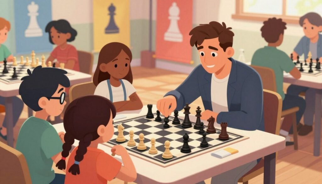 A vibrant scene depicting a diverse group of modern chess champions, appealing to children. In the foreground, two young, enthusiastic children, a boy with glasses and a girl with braided hair, attentively watch a charismatic chess player, dressed in a smart casual attire, skillfully playing a match. The background features a colorful chess tournament setting with banners displaying chess pieces and vibrant chessboards. Soft natural lighting illuminates the scene, casting gentle shadows and enhancing the warm atmosphere. A slight angle from above captures the excitement of the players and spectators while maintaining a friendly, inviting mood. This image showcases the inspiration and motivation these champions instill in young minds, making chess an engaging and motivational journey. Created for Debsie.com.