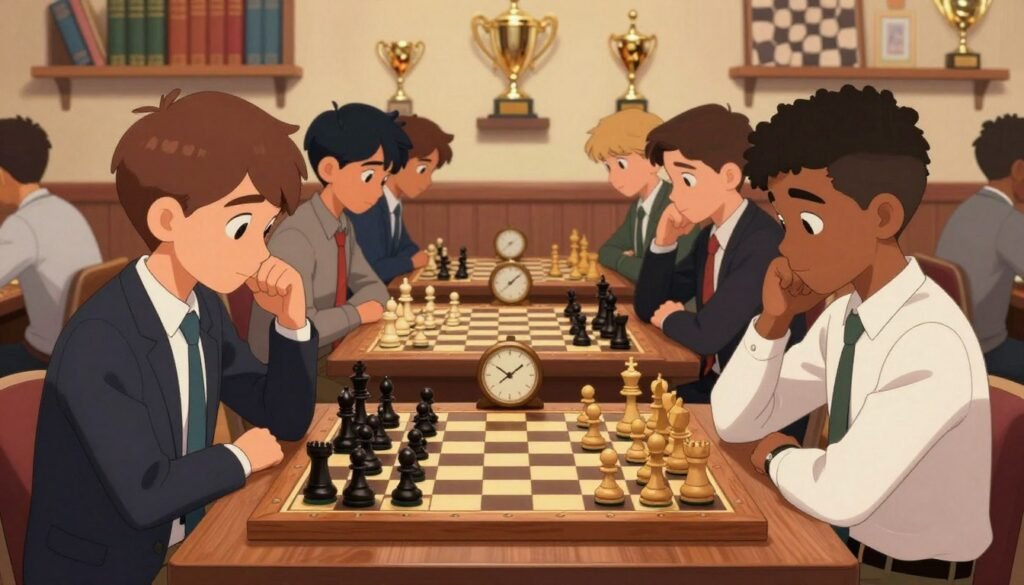 A vibrant scene depicting a group of young chess grandmasters gathered around a chessboard, intensely focused on a game. The foreground features two diverse teenage players in professional attire, one holding a chess piece and the other deep in thought. The middle ground includes an array of chess pieces on a beautifully crafted wooden board, with an elaborate clock beside them. The background showcases a cozy chess club environment, with shelves of books and historical chess trophies adorning the walls. Soft, warm lighting highlights the players' expressions, creating an inviting atmosphere that conveys passion and determination. The overall mood is energetic and inspiring, capturing the essence of young talent. This image, created for Debsie.com, reflects the brilliance and potential of the youngest grandmasters. A vibrant scene depicting a group of young chess grandmasters gathered around a chessboard, intensely focused on a game. The foreground features two diverse teenage players in professional attire, one holding a chess piece and the other deep in thought. The middle ground includes an array of chess pieces on a beautifully crafted wooden board, with an elaborate clock beside them. The background showcases a cozy chess club environment, with shelves of books and historical chess trophies adorning the walls. Soft, warm lighting highlights the players' expressions, creating an inviting atmosphere that conveys passion and determination. The overall mood is energetic and inspiring, capturing the essence of young talent. This image, created for Debsie.com, reflects the brilliance and potential of the youngest grandmasters.