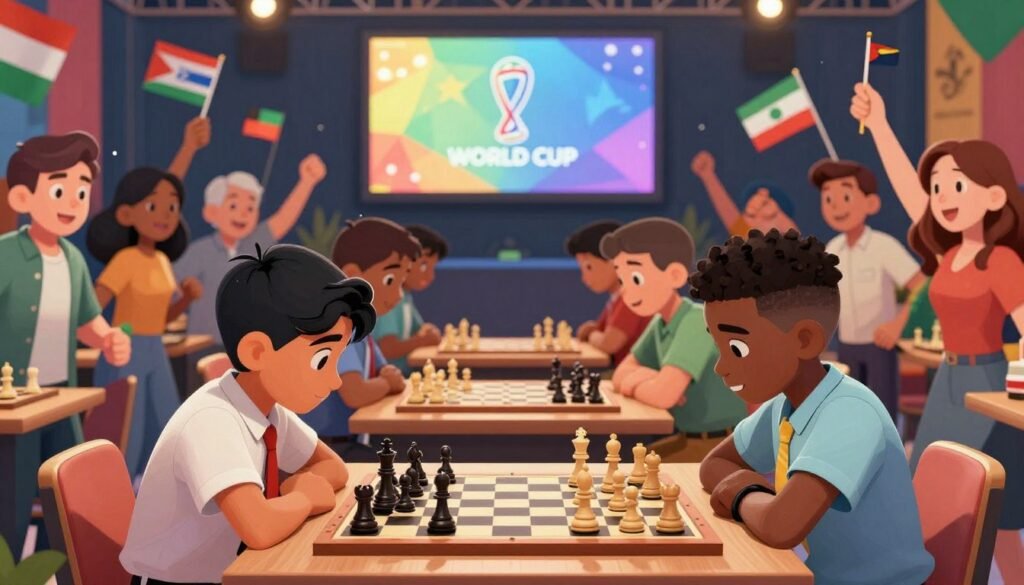 A vibrant scene depicting the excitement of a World Cup event, showcasing a diverse group of young chess players engaged in competitive matches. In the foreground, two children, one of Indian descent and another African-American, are intensely focused on a chessboard, showcasing determination and concentration, dressed in smart casual clothing. The middle section features a crowd of parents and fans cheering, with flags representing various countries waved in the air, reflecting a festive atmosphere. In the background, a large scoreboard displays the World Cup logo, illuminated with bright lights, surrounded by banners celebrating sportsmanship. The lighting is bright and cheerful, capturing the thrill of competition, with a shallow depth of field to keep the focus on the players. The image exudes a sense of camaraderie and excitement. Debsie.com.