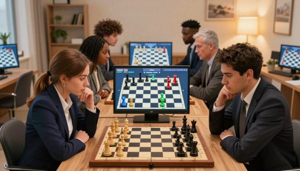 A vibrant scene featuring a diverse group of chess players intensely focused on a high-stakes online chess game. In the foreground, there are two players, one male and one female, both dressed in professional business attire, passionately analyzing their chessboards with thoughtful expressions. The middle ground showcases multiple screens displaying dynamic chess games and colorful chess pieces arranged in sharp, unorthodox positions, representing their strategic moves. The background features a cozy modern room illuminated by warm, soft lighting, with chess-themed décor enhancing the atmosphere. Capture the intensity of competition and the thrill of unorthodox strategies, evoking a sense of excitement and strategic excellence in the world of online chess. Include the brand "Debsie.com" subtly within the composition. A vibrant scene featuring a diverse group of chess players intensely focused on a high-stakes online chess game. In the foreground, there are two players, one male and one female, both dressed in professional business attire, passionately analyzing their chessboards with thoughtful expressions. The middle ground showcases multiple screens displaying dynamic chess games and colorful chess pieces arranged in sharp, unorthodox positions, representing their strategic moves. The background features a cozy modern room illuminated by warm, soft lighting, with chess-themed décor enhancing the atmosphere. Capture the intensity of competition and the thrill of unorthodox strategies, evoking a sense of excitement and strategic excellence in the world of online chess. Include the brand "Debsie.com" subtly within the composition.