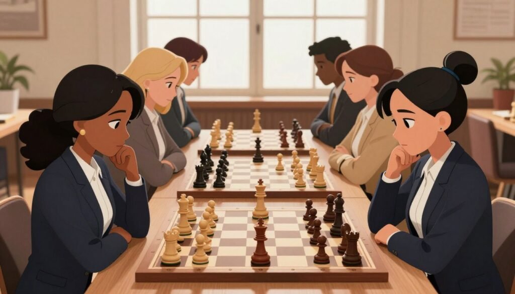 A vibrant scene featuring a group of the best women chess players in the world, skillfully engaged in a heated match at a stylish chessboard. In the foreground, three players of diverse backgrounds and ethnicities display concentration and determination, dressed in professional business attire that conveys respect for the game. The middle ground showcases an elegantly designed chess set with intricate pieces, surrounded by a softly lit environment that enhances the atmosphere of competition and strategy. The background features a large window with natural light streaming in, casting gentle shadows that add depth to the scene. The mood is intense yet inspiring, capturing the essence of female empowerment in chess. Debsie.com.
