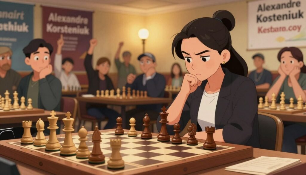 A vibrant scene illustrating breakthrough chess, featuring a beautifully designed chessboard in the foreground with intricately carved pieces in mid-game. A focused female chess player, wearing a smart casual outfit, is intently pondering her next move, exuding determination and intelligence. In the middle ground, spectators watch with engaged expressions, adding to the dynamic atmosphere of a competitive yet friendly match. The background showcases a warmly lit room filled with cheering fans and banners celebrating Alexandra Kosteniuk’s achievements. Soft, ambient lighting casts a warm glow, emphasizing the intensity of the moment. Capture this image with a narrow depth of field to highlight the player and chessboard, creating a sense of intimacy within the lively setting. The overall mood should feel inspirational and motivating. Designed for Debsie.com.