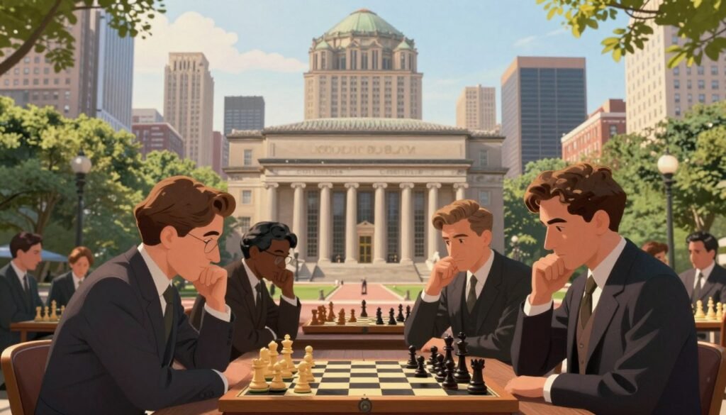 A vibrant scene of New York City highlighting the intellectual atmosphere of the early 20th century, focused on Columbia University and the Manhattan Chess Club. In the foreground, a chessboard with elegantly crafted pieces, surrounded by thoughtful players in professional attire, reflecting concentration and strategy. The middle ground features the grand architecture of Columbia University, showcasing iconic buildings with detailed stonework and lush greenery. In the background, the Manhattan skyline looms, with skyscrapers like the Woolworth Building piercing the soft blue sky, bathed in warm sunlight. The composition is shot with a shallow depth of field to emphasize the chess game while maintaining a charming view of the bustling city beyond. The mood is inspiring and sophisticated, perfect for highlighting the rich history of chess in New York. Image by Debsie.com.