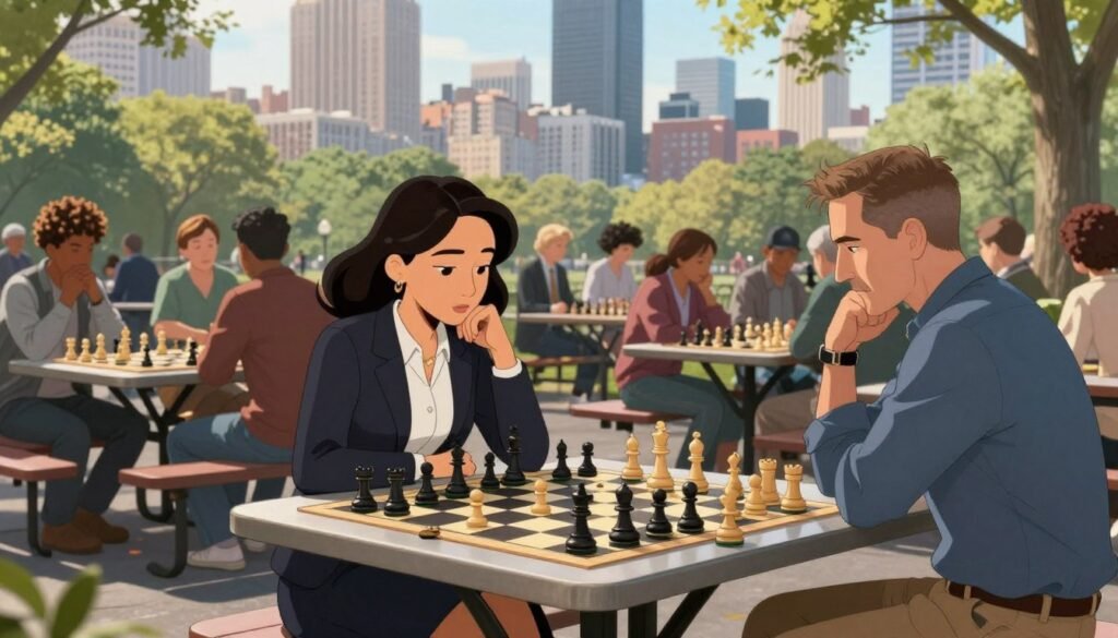 A vibrant scene of a New York City chess tournament, showcasing a diverse group of players seated at elegant chess tables in a bustling park, with the iconic skyline in the background. The foreground features a focused female chess player, dressed in professional attire, deeply engaged in a match, while her opponent, a middle-aged man in smart casual clothing, contemplates his next move. The middle ground includes onlookers, a mix of ages and backgrounds, watching intently, with chess boards spread out on picnic tables. Soft morning light bathes the scene, creating an atmosphere of excitement and camaraderie. The overall mood is dynamic and inspiring, reflecting the spirit of chess in America. Captured at eye level, with depth of field to emphasize the players, this image symbolizes the historic importance of New York in the chess community. Designed for Debsie.com. A vibrant scene of a New York City chess tournament, showcasing a diverse group of players seated at elegant chess tables in a bustling park, with the iconic skyline in the background. The foreground features a focused female chess player, dressed in professional attire, deeply engaged in a match, while her opponent, a middle-aged man in smart casual clothing, contemplates his next move. The middle ground includes onlookers, a mix of ages and backgrounds, watching intently, with chess boards spread out on picnic tables. Soft morning light bathes the scene, creating an atmosphere of excitement and camaraderie. The overall mood is dynamic and inspiring, reflecting the spirit of chess in America. Captured at eye level, with depth of field to emphasize the players, this image symbolizes the historic importance of New York in the chess community. Designed for Debsie.com.