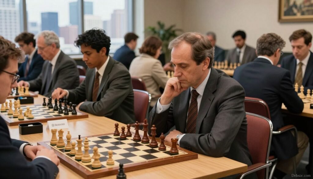 A vibrant scene of a New York chess tournament, showcasing a diverse group of players engaged in intense matches. In the foreground, a middle-aged male chess master, dressed in a smart business suit, contemplates his next move, with a focused expression. Surrounding him are chessboards set up in a well-lit, bustling venue, with spectators observing the matches in the background. The warm lighting highlights the rich, wooden chess pieces glistening on polished tables. Large windows reveal a hint of the iconic New York skyline, adding depth to the atmosphere. The image captures the excitement and intellectual energy of the tournament, emphasizing strategic thinking and competition. The overall mood is dynamic yet contemplative, reflecting the legacy of Emanuel Lasker in his new American home. A discreet brand logo "Debsie.com" is subtly included in the corner. A vibrant scene of a New York chess tournament, showcasing a diverse group of players engaged in intense matches. In the foreground, a middle-aged male chess master, dressed in a smart business suit, contemplates his next move, with a focused expression. Surrounding him are chessboards set up in a well-lit, bustling venue, with spectators observing the matches in the background. The warm lighting highlights the rich, wooden chess pieces glistening on polished tables. Large windows reveal a hint of the iconic New York skyline, adding depth to the atmosphere. The image captures the excitement and intellectual energy of the tournament, emphasizing strategic thinking and competition. The overall mood is dynamic yet contemplative, reflecting the legacy of Emanuel Lasker in his new American home. A discreet brand logo "Debsie.com" is subtly included in the corner.