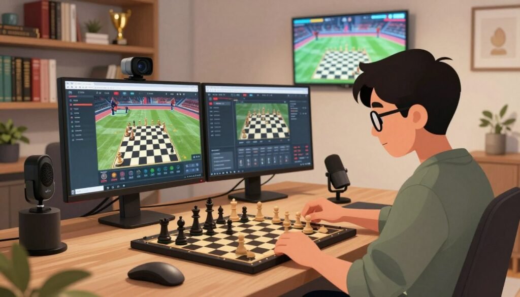 A vibrant scene of a cozy, modern home office dedicated to chess streaming. In the foreground, a young adult with glasses and a focused expression plays chess on a digital board, wearing a smart casual outfit. The middle features a sleek gaming setup, including a high-quality webcam, microphone, and dual monitors displaying a popular chess streaming platform, with intricate chess pieces subtly highlighted on the board. Soft, warm lighting creates an inviting atmosphere. In the background, a bookshelf filled with chess literature and trophies adds depth. A wall-mounted television screen shows a larger chess match in progress, embodying the competitive spirit. The overall mood is dynamic and engaging, embodying the essence of chess streaming culture in the United States. Debsie.com prominently rests on one of the monitors, complementing the scene. A vibrant scene of a cozy, modern home office dedicated to chess streaming. In the foreground, a young adult with glasses and a focused expression plays chess on a digital board, wearing a smart casual outfit. The middle features a sleek gaming setup, including a high-quality webcam, microphone, and dual monitors displaying a popular chess streaming platform, with intricate chess pieces subtly highlighted on the board. Soft, warm lighting creates an inviting atmosphere. In the background, a bookshelf filled with chess literature and trophies adds depth. A wall-mounted television screen shows a larger chess match in progress, embodying the competitive spirit. The overall mood is dynamic and engaging, embodying the essence of chess streaming culture in the United States. Debsie.com prominently rests on one of the monitors, complementing the scene.