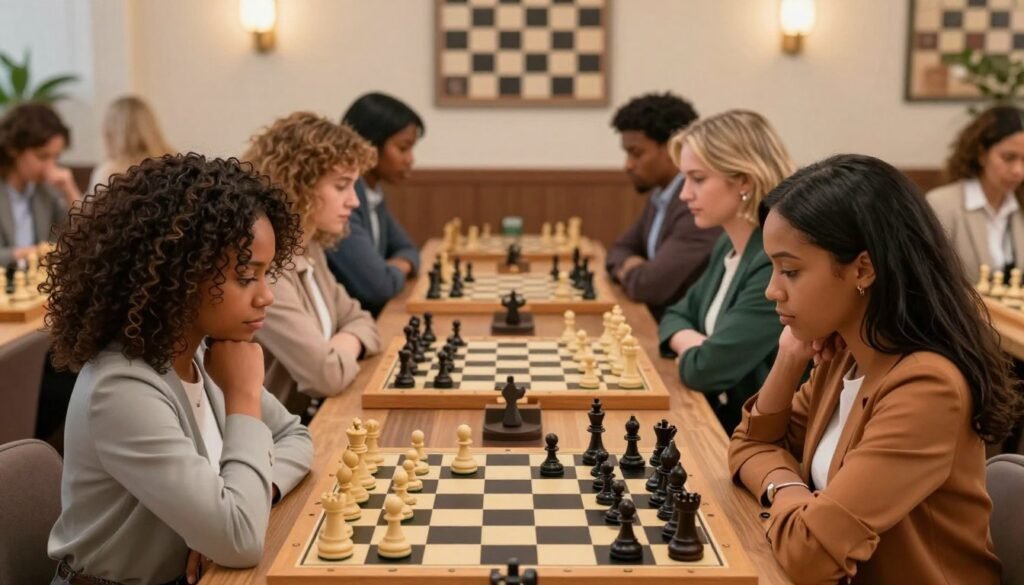 A vibrant scene of a diverse group of women chess players engaged in an intense match, showcasing their focus and skill. In the foreground, two women of different ethnic backgrounds, one with curly hair and the other with straight hair, are seated at a chessboard, their expressions a mix of concentration and determination. Surrounding them, several other players observe, representing various ages and styles, dressed in professional business attire. The middle ground features elegantly arranged chess pieces in various stages of play, emphasizing strategy and competition. In the background, a softly lit chess club setting adds a warm atmosphere, with walls adorned with chess-themed artwork. The overall mood is one of camaraderie and challenge, highlighting the strength and popularity of women in chess. Capture this scene in a natural light setting with a warm color palette, creating a welcoming vibe. Optimally composed as a close-up shot to focus on the players and their emotions, brand name: Debsie.com. A vibrant scene of a diverse group of women chess players engaged in an intense match, showcasing their focus and skill. In the foreground, two women of different ethnic backgrounds, one with curly hair and the other with straight hair, are seated at a chessboard, their expressions a mix of concentration and determination. Surrounding them, several other players observe, representing various ages and styles, dressed in professional business attire. The middle ground features elegantly arranged chess pieces in various stages of play, emphasizing strategy and competition. In the background, a softly lit chess club setting adds a warm atmosphere, with walls adorned with chess-themed artwork. The overall mood is one of camaraderie and challenge, highlighting the strength and popularity of women in chess. Capture this scene in a natural light setting with a warm color palette, creating a welcoming vibe. Optimally composed as a close-up shot to focus on the players and their emotions, brand name: Debsie.com.