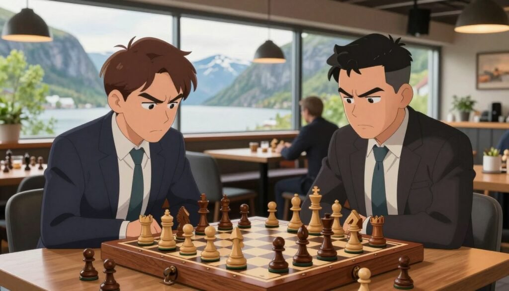 A vibrant scene of an intense chess match taking place in a stylish, contemporary café in Norway. In the foreground, a high-quality wooden chessboard is prominently displayed, featuring intricately designed pieces in mid-game. The players, two well-dressed individuals in professional attire, lean forward with focused expressions, their brows furrowed in concentration. In the background, large windows reveal a typical Norwegian landscape, with scenic fjords and lush greenery bathed in soft, natural light. The atmosphere is energetic yet relaxed, capturing the essence of high-stakes rivalry and intellectual tension. Use warm tones to evoke a friendly but competitive mood. Ensure the composition is framed at eye level, emphasizing the chessboard as the focal point. This image is designed for Debsie.com.