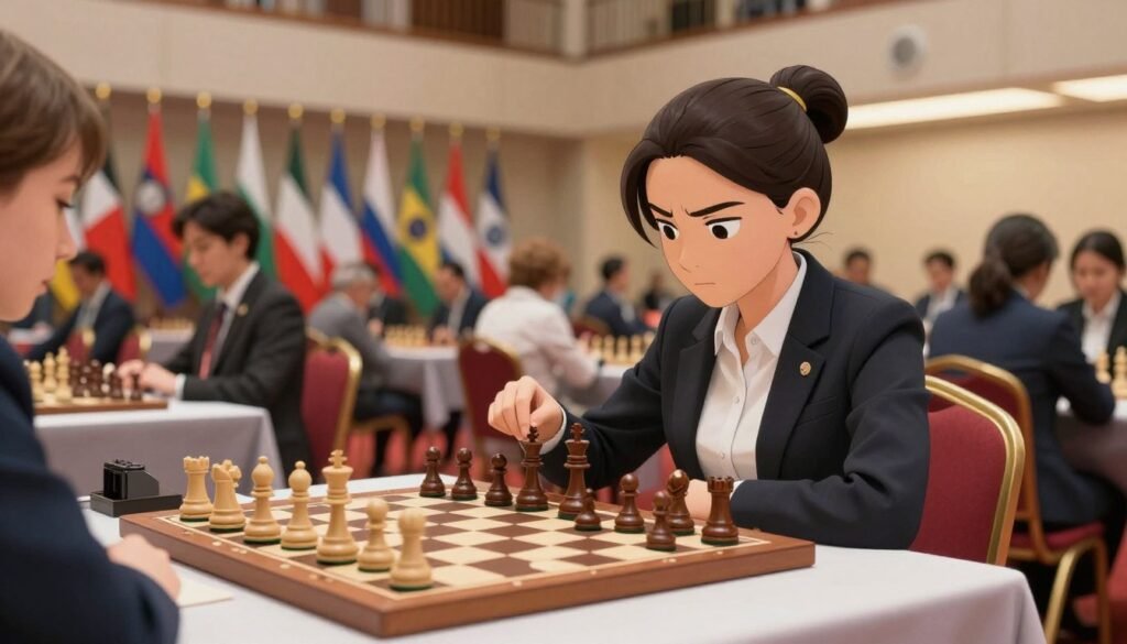 A vibrant scene of an international chess Olympiad, focusing on a female chess player deeply engaged in a match. In the foreground, she is wearing professional business attire, displaying determination and concentration. The chess board, with intricate pieces, is prominently in the middle, surrounded by spectators in a spacious hall filled with flags from various countries, highlighting diversity. In the background, soft lighting casts a warm glow throughout the room, emphasizing the atmosphere of competition and camaraderie. The angle is slightly elevated to capture both the player and the audience, creating a sense of inclusiveness and excitement. This image conveys a strong sense of empowerment and the importance of women's participation in global chess events, captured beautifully for Debsie.com. A vibrant scene of an international chess Olympiad, focusing on a female chess player deeply engaged in a match. In the foreground, she is wearing professional business attire, displaying determination and concentration. The chess board, with intricate pieces, is prominently in the middle, surrounded by spectators in a spacious hall filled with flags from various countries, highlighting diversity. In the background, soft lighting casts a warm glow throughout the room, emphasizing the atmosphere of competition and camaraderie. The angle is slightly elevated to capture both the player and the audience, creating a sense of inclusiveness and excitement. This image conveys a strong sense of empowerment and the importance of women's participation in global chess events, captured beautifully for Debsie.com.